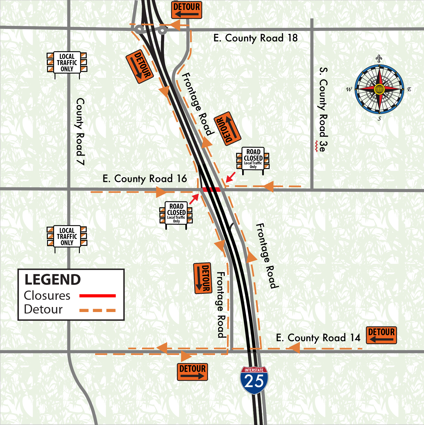 I-25 Berthoud detour map along I-25 between E. County Road 18 and 14 detail image