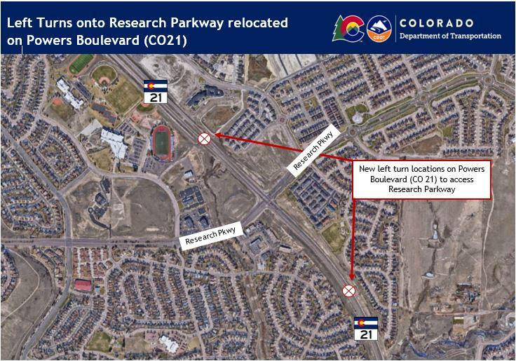 Left turns onto Research Parkway relocated on Powers Boulevard (CO 21) in Colorado Springs detail image