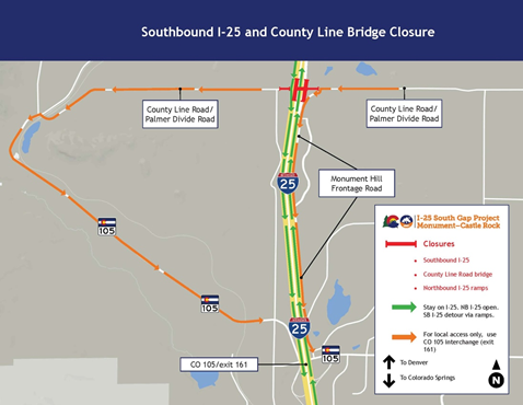 Southbound I-25 and County Line Bridge Closure map for I-25 South Gap Project detail image