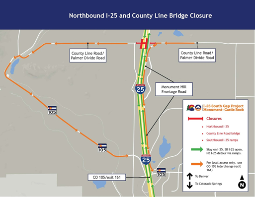 Northbound I-25 and County Line Bridge Closure map for I-25 South Gap Project detail image