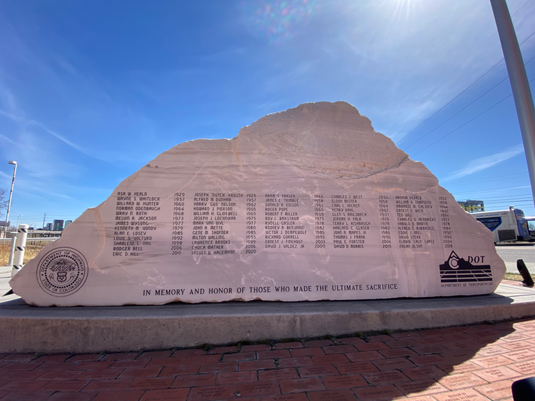 CDOT's Memorial Rock at Denver Headquarters honoring fallen workers