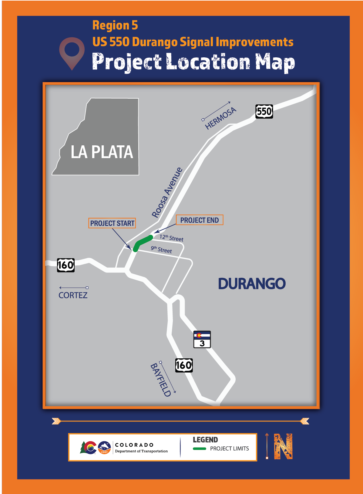 US 550 Durango Signal Improvements project map detail image