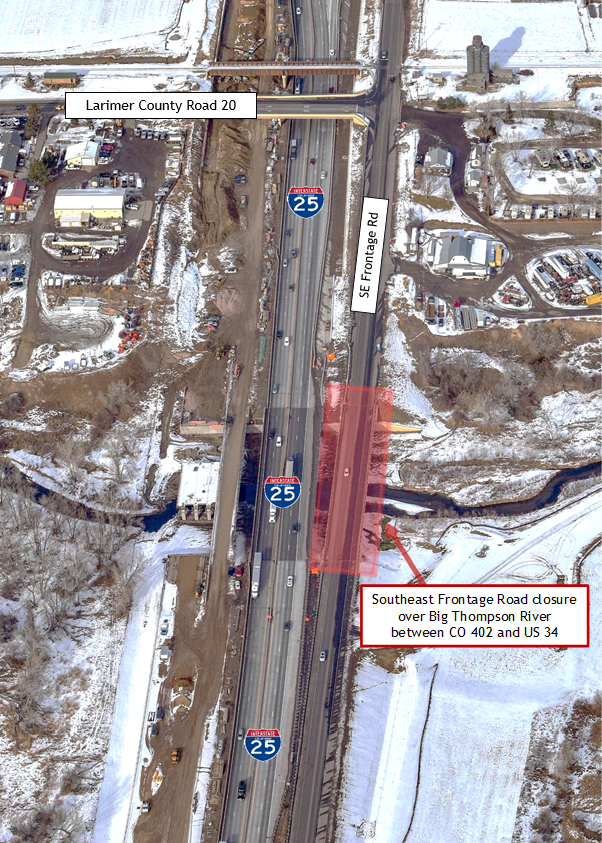 I-25 frontage road southeast closure map detail image