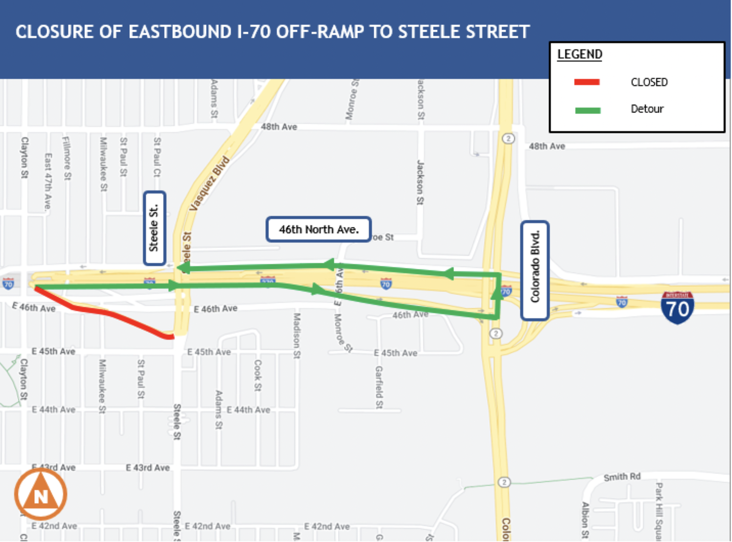 Closure of I-70 offramp to Steele Street closure detail image