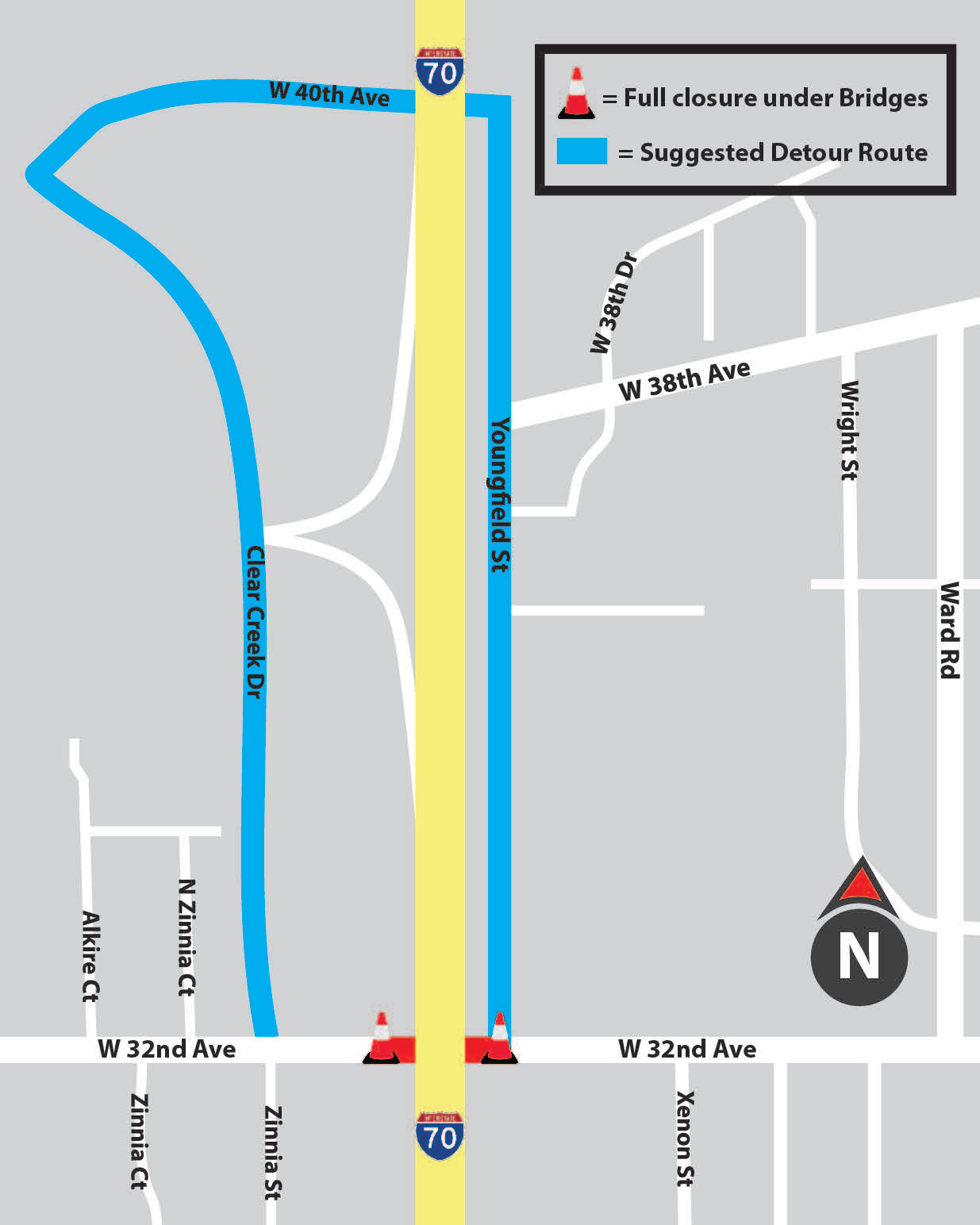 I-70 and west 32nd bridge repair project map detail image