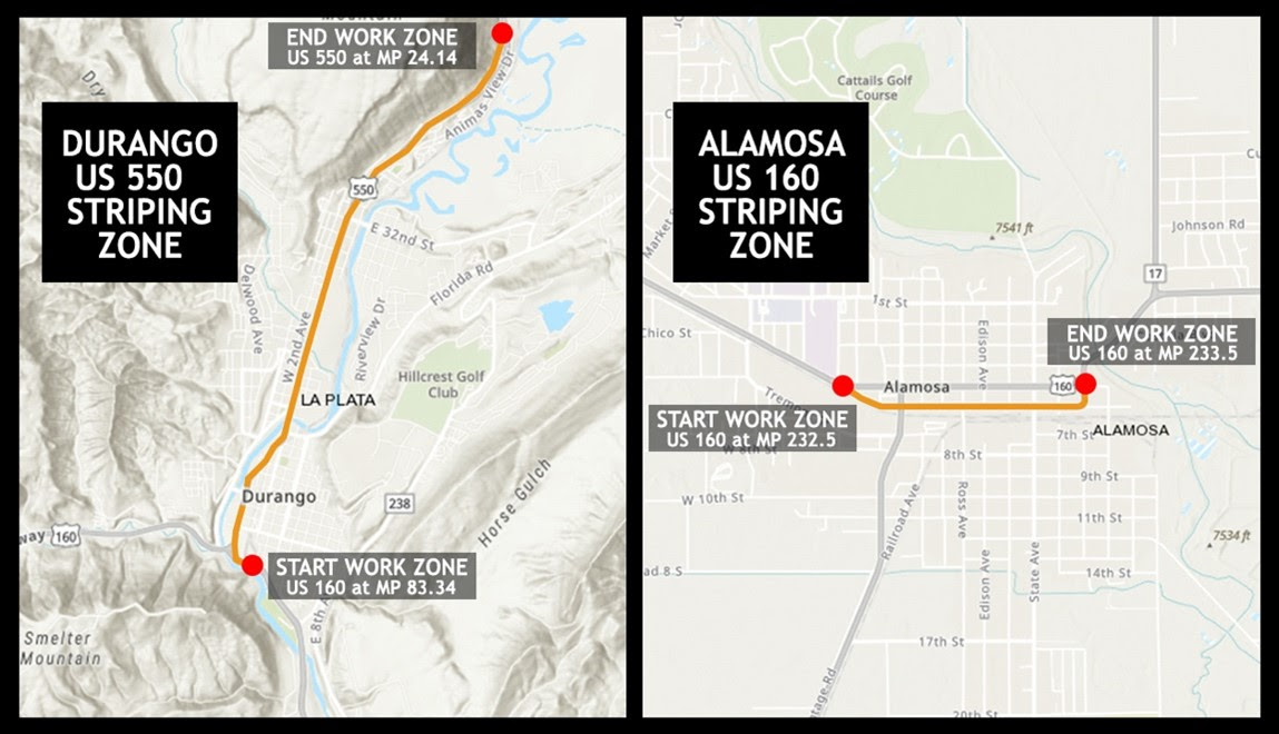 Durango and Alameda US 50 striping work zone map detail image