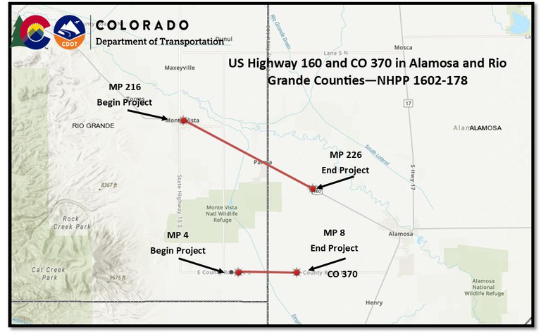 US 160 east of Monte Vista Resurfacing project map