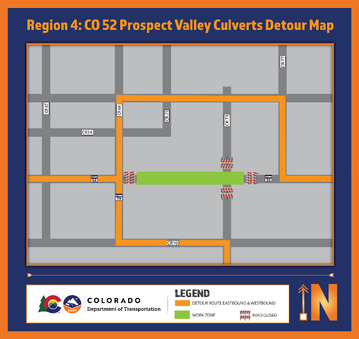 Region 2 CO 52 Prospect Valley culverts detour map detail image
