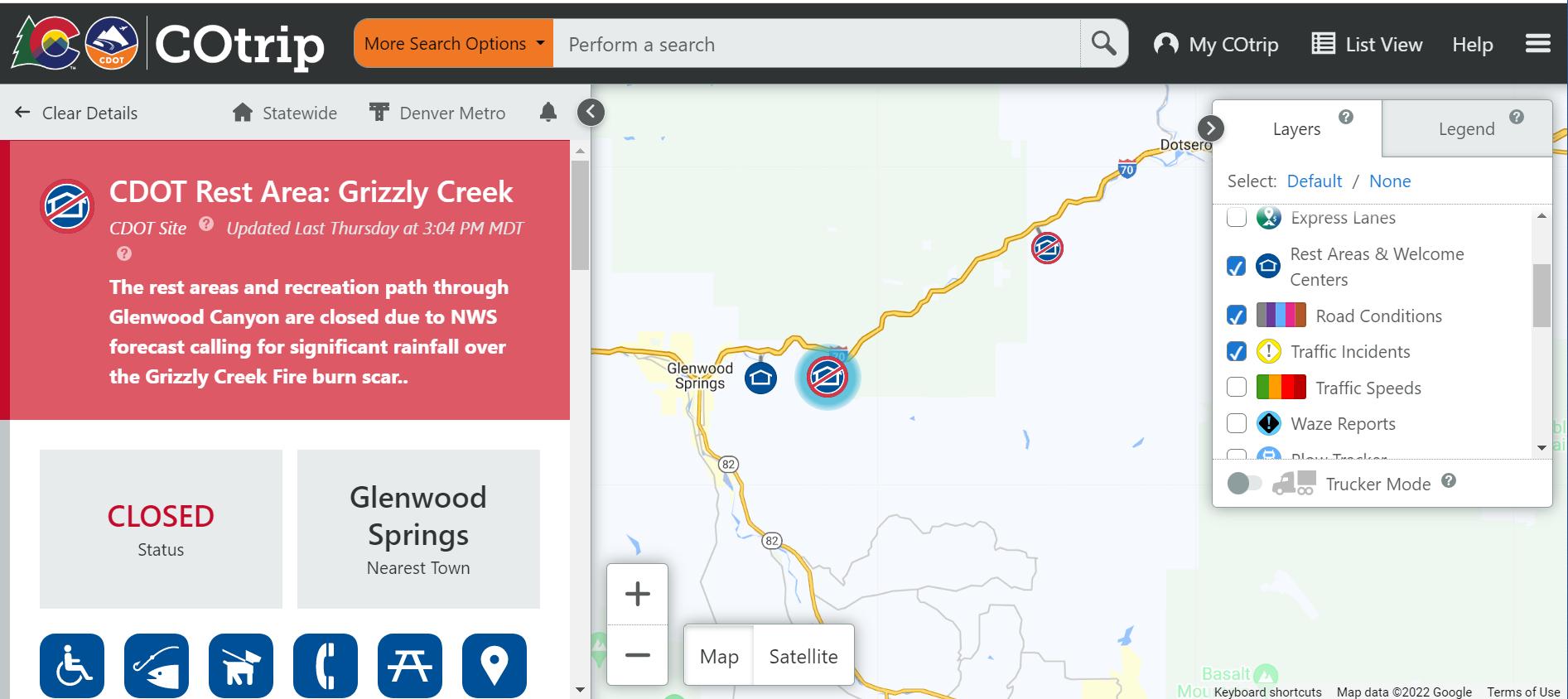 CDOT Rest Area: Grizzly Creek Closed on COtrip map detail image
