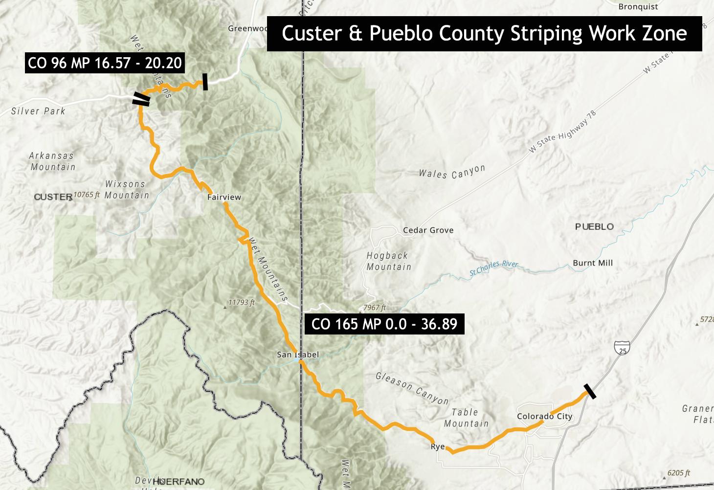 Custer and Pueblo County Striping project map detail image