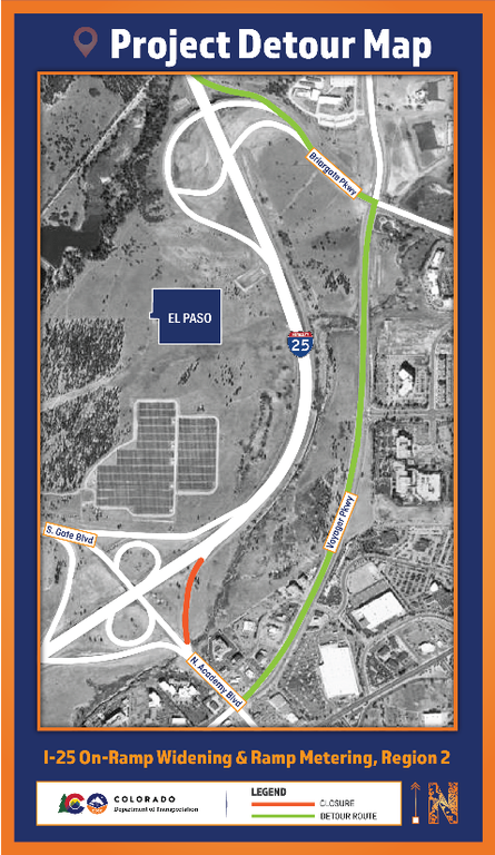 I-25 Northbound North Academy Boulevard On-ramp closure Detour Route (see map) To access I-25 heading north from N. Academy Blvd, motorists will turn right from Voyager Pkwy to Briargate Pkwy, turn left to access Stay in the right lane for the I-25 northbound on-ramp