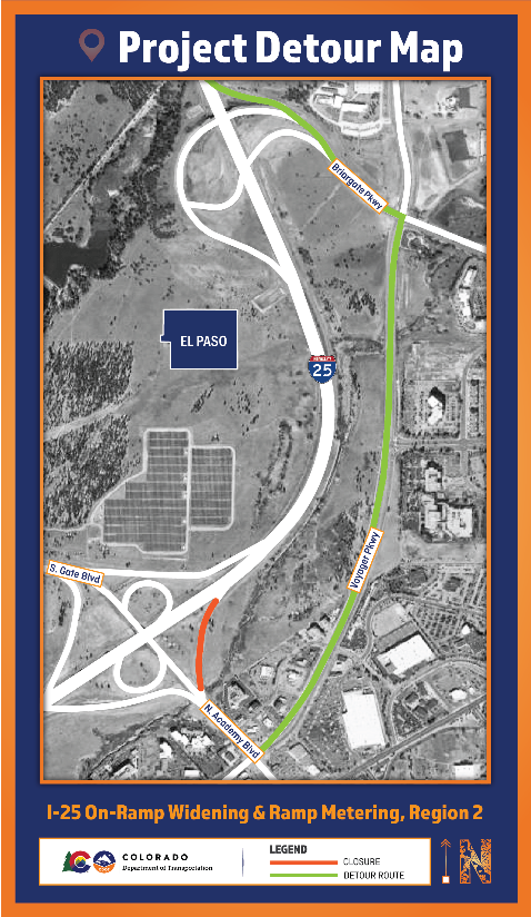 I-25 on-ramp widening and ramp metering at Voyager Parkway detour map detail image