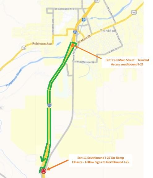 Exit 13-B Main Street to Exit 11 Southbound I-25 Closure Detour Map detail image