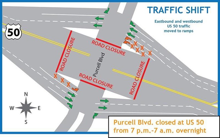 Map showing the road closure and alternate routes on Purcell Boulevard