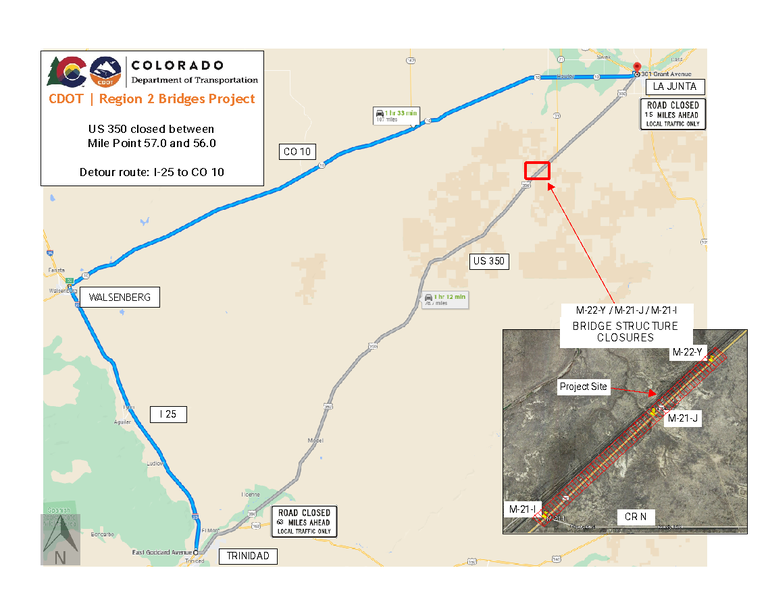 Region 2 bridges project with US 150 closed between mile point 57 and 56 and a detour route I-25 to CO 10