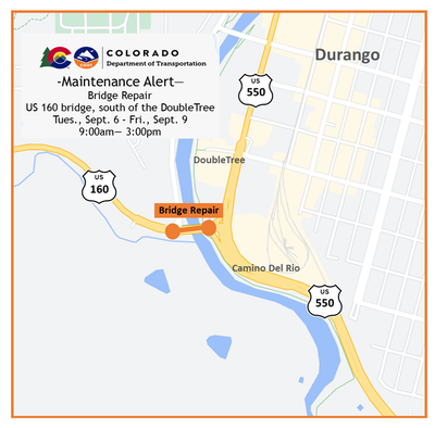 US 160 bridge repair map south of the DoubleTree hotel in Durango