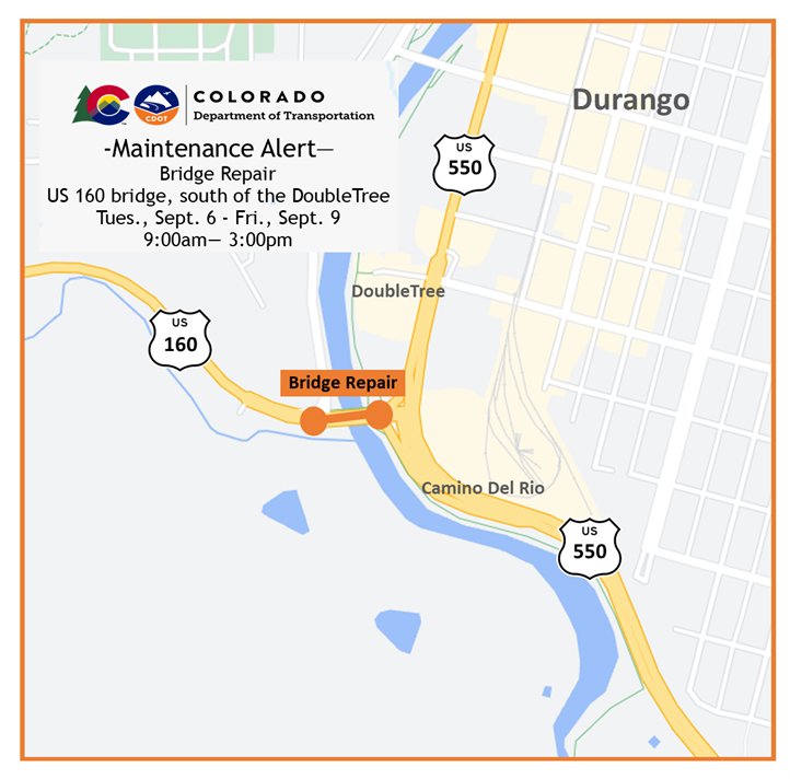 US 160 bridge repair south of the DoubleTree Hotel in Durango project map detail image