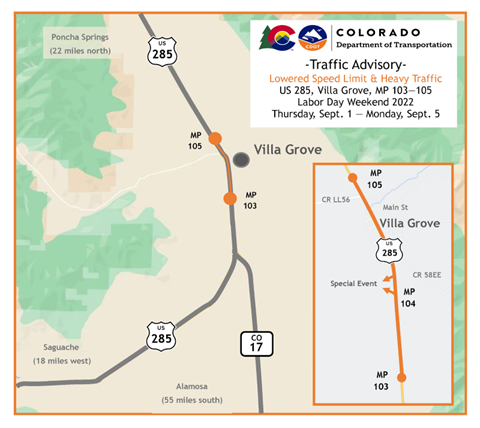 Traffic Advisory of lowered speed limit and heavy traffic at US 185, Villa Grove, from mile point 103 to 105 during Labor Day weekend 2022, Thursday September 1 through Monday September 5.