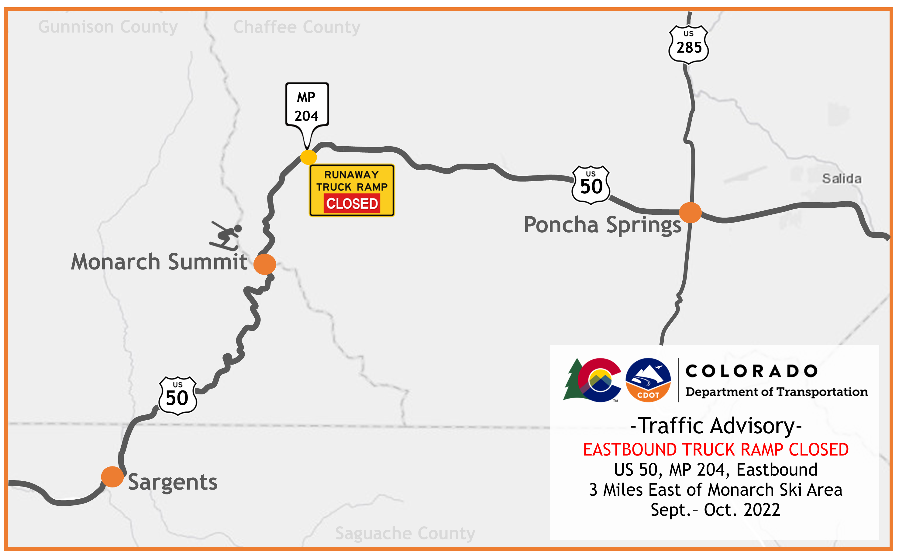 US 50 eastbound 3 miles east of Monarch Ski area eastbound truck ramp closure map detail image