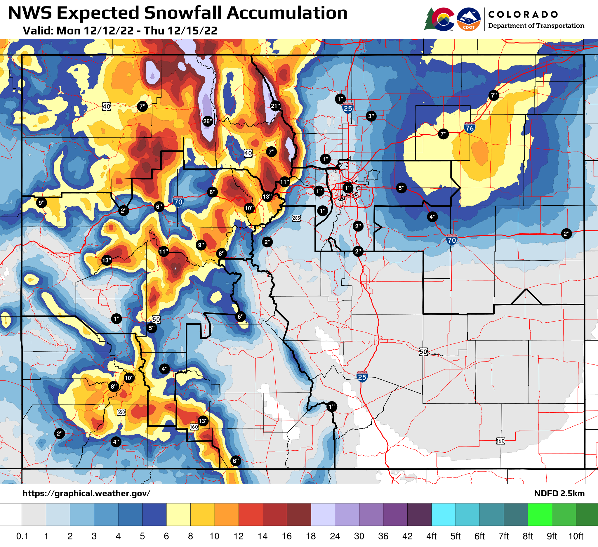 National Weather Service snowfall accumulation from 12/12 to 12/15/22 detail image