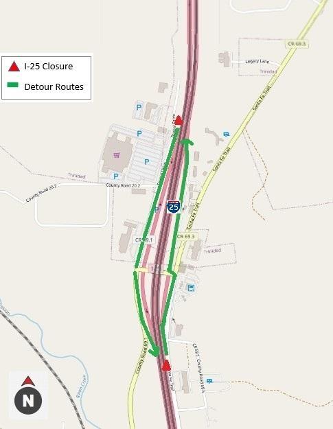 I-25 closure and detour map detail image