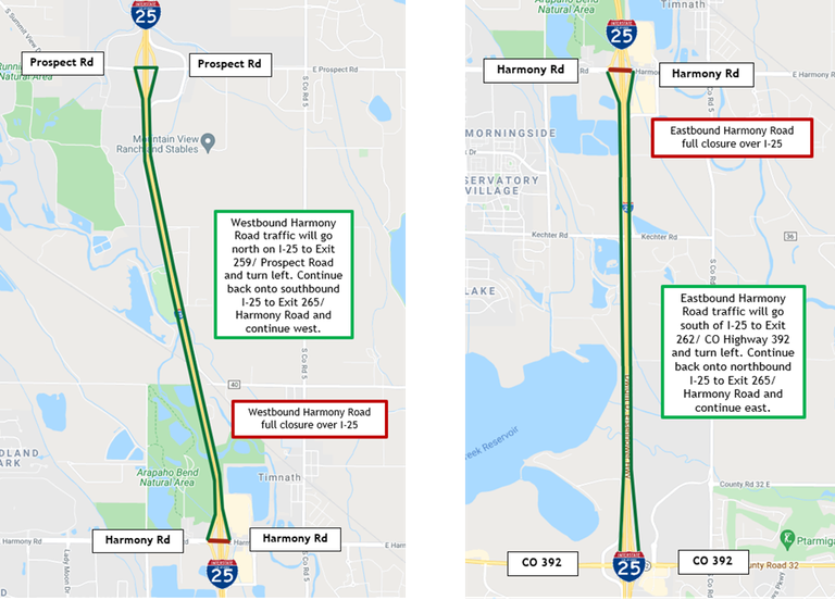 Eastbound and westbound Harmony Road detour map between the I-25 ramp intersections