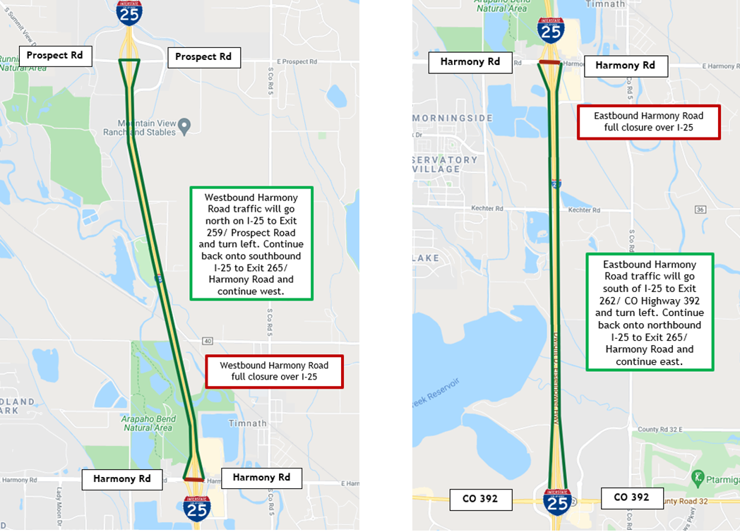 Eastbound and westbound Harmony Road detour maps between I-25 ramp intersections detail image