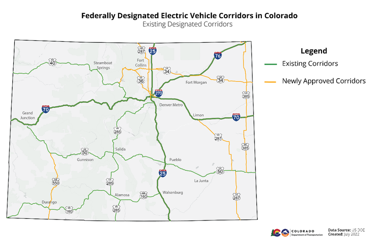 Federally Designated Electric Vehicle Corridors in Colorado and Existing Designated Corridors Map