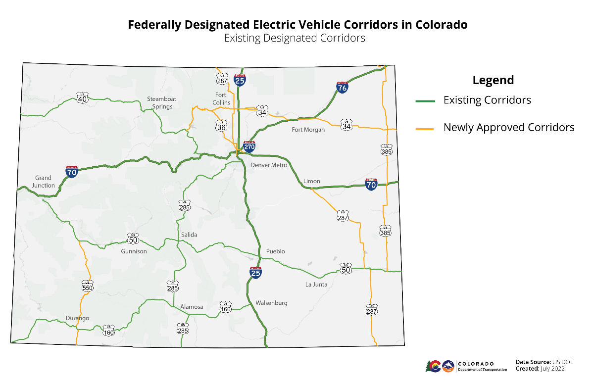 Federally Designated Electric Vehicle Corridors in Colorado map detail image