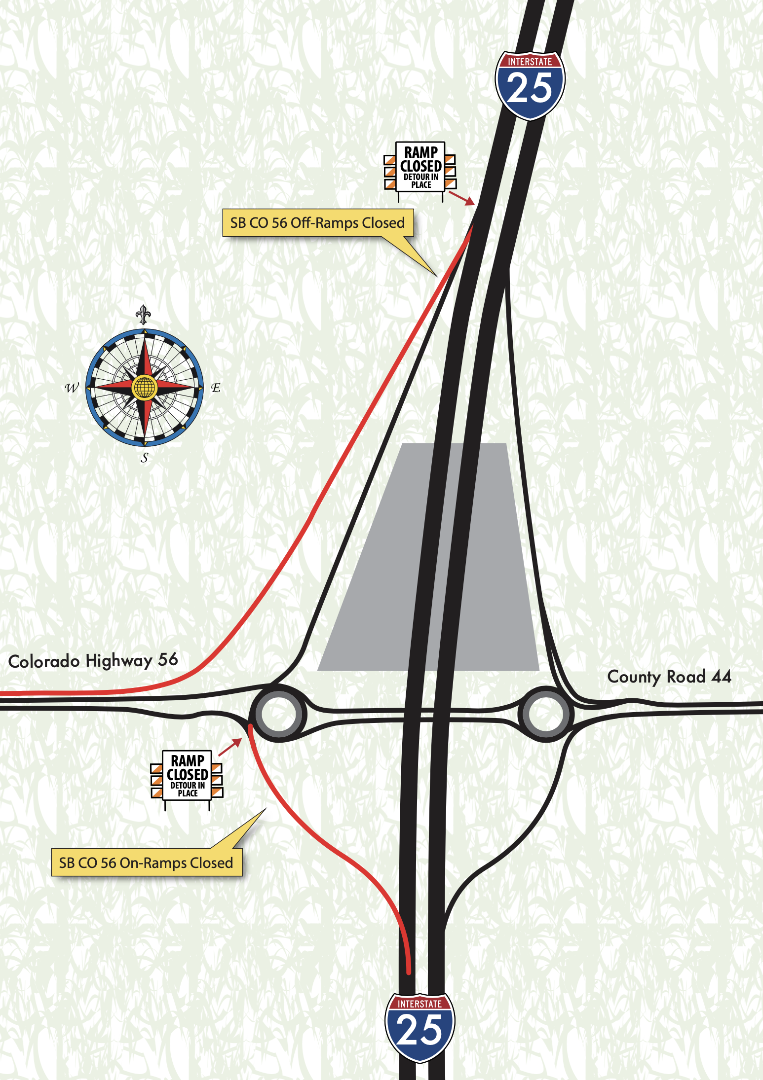Southbound CO 56 off-ramp closure map location at I-25 detail image