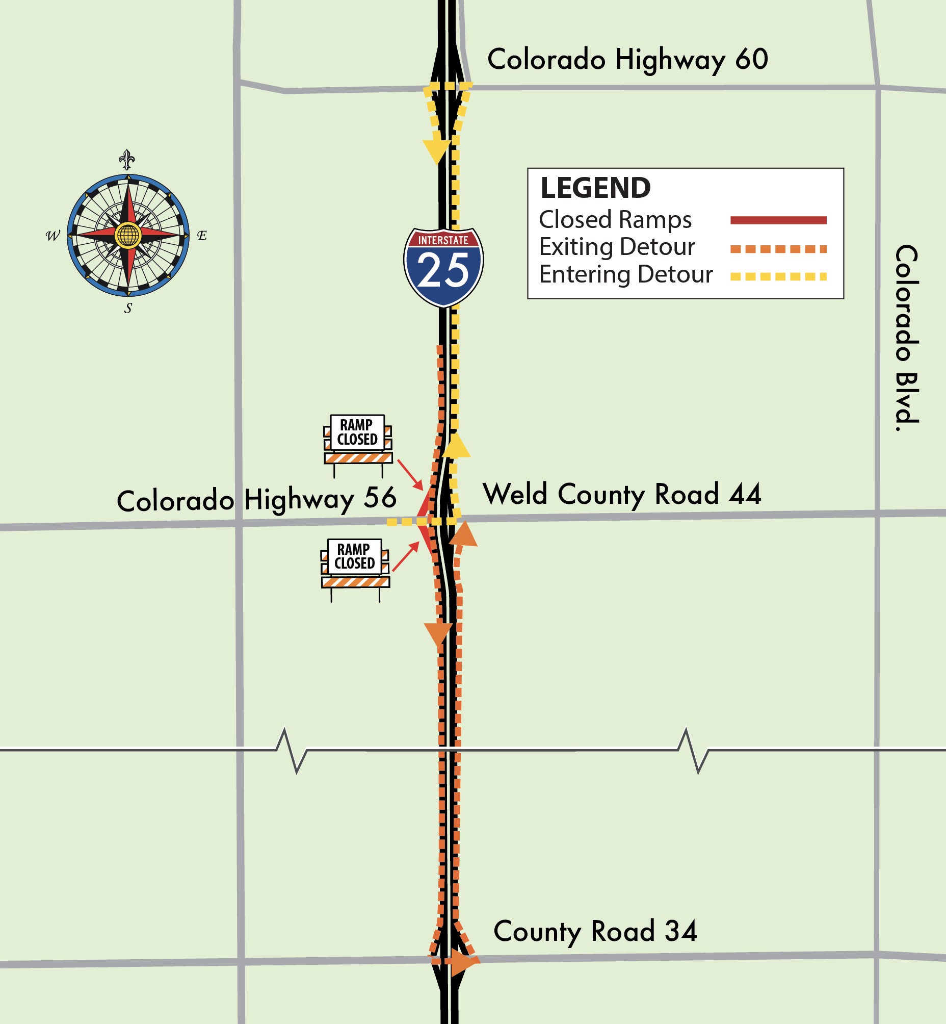 I-25 detour map from Weld County Road 44 to CO 60 detail image