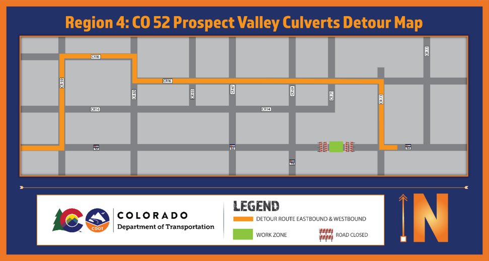 CO 52 Prospect Valley culverts detour map detail image