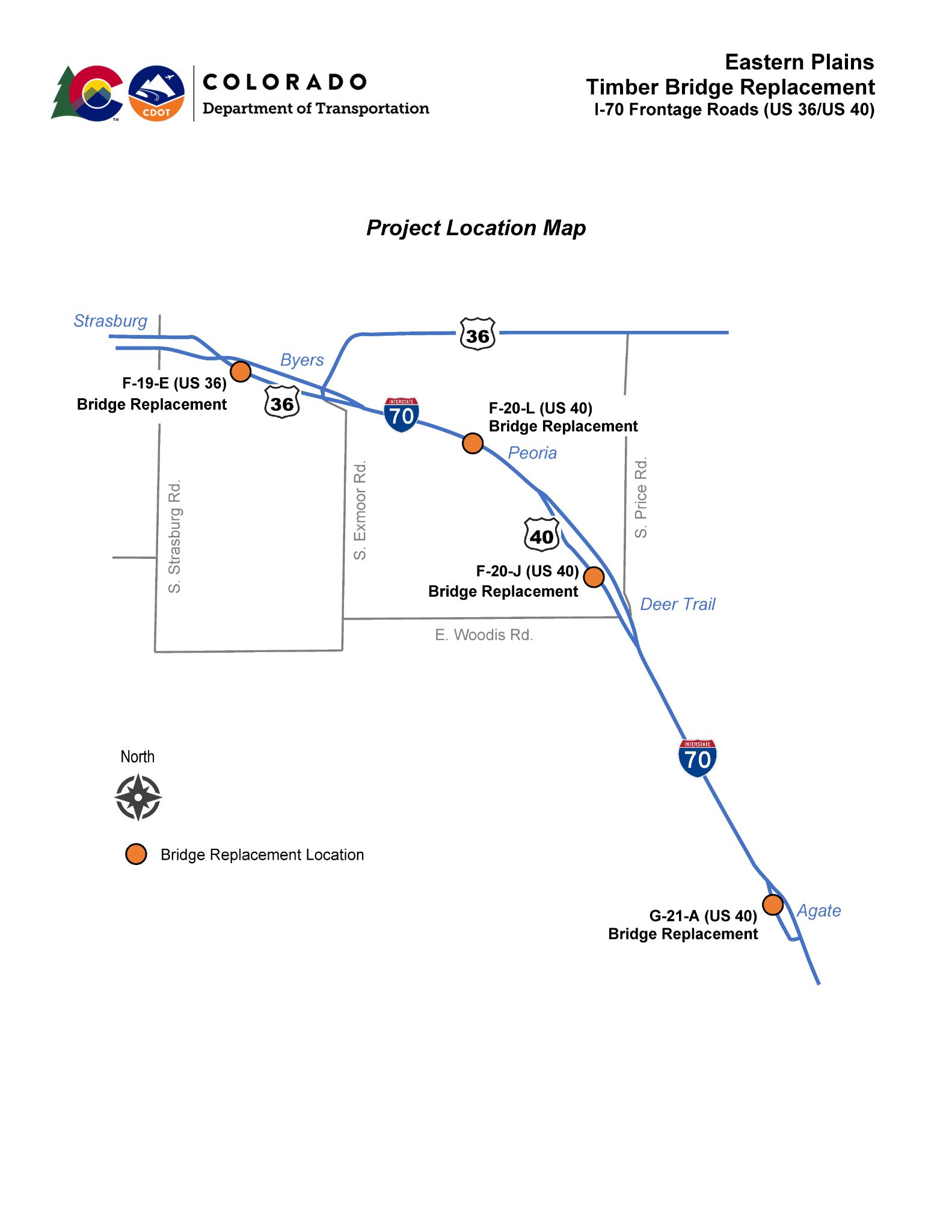 Eastern Plains Timber Bridge Replacement I-70 Frontage Roads US 36/US 40 Project Location Map detail image