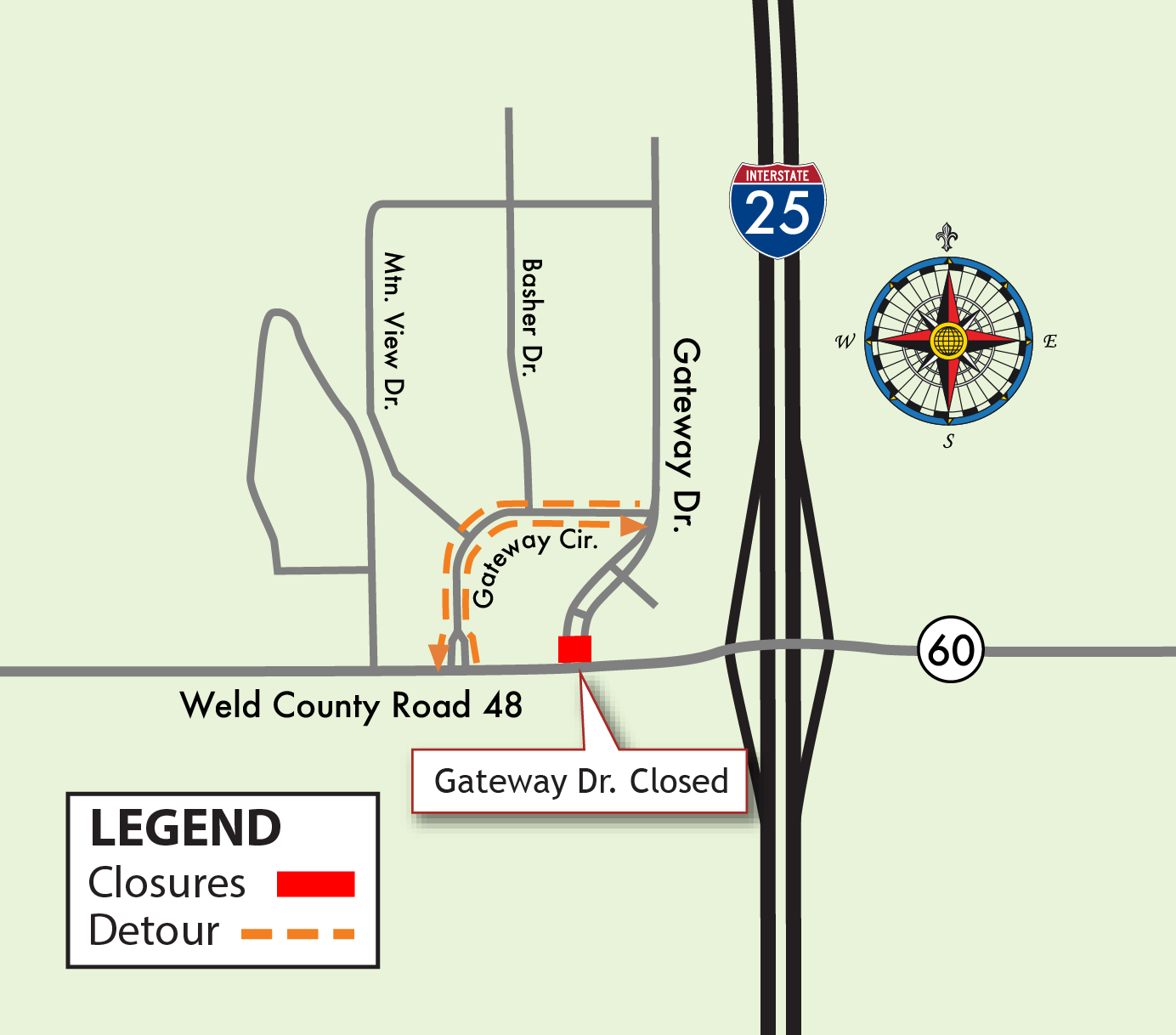 I-25 Express Lanes North map Gateway Drive closure map at Weld County Road 48 detail image