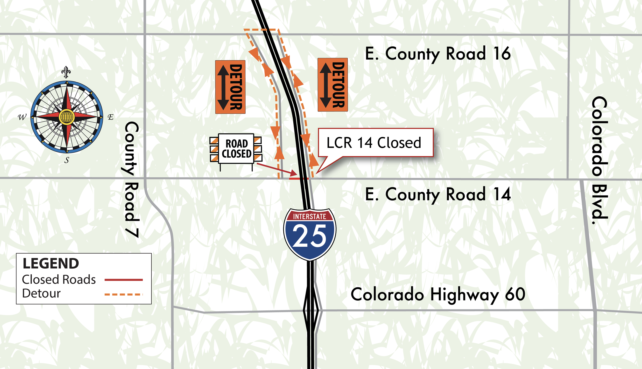 I-25 Express Lanes North detour map at East County Road 14 detail image