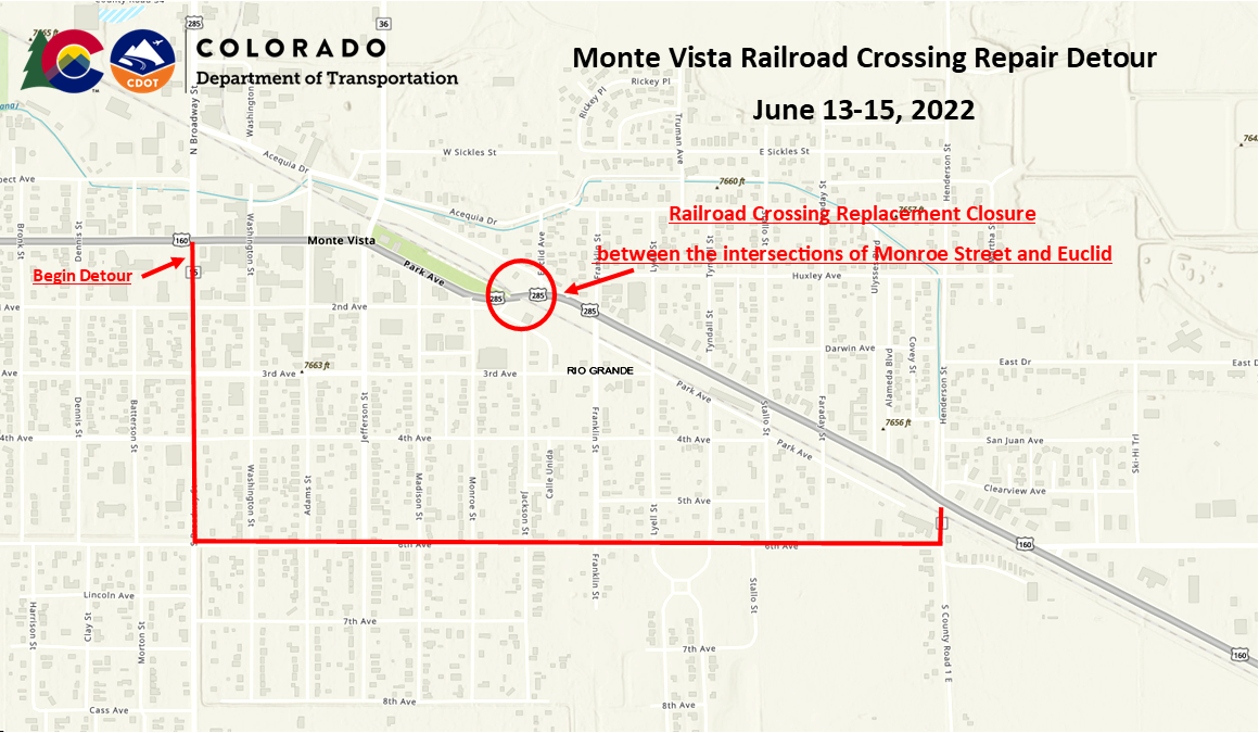 Monte Vista railroad crossing repair detour at US 285 project map detail image