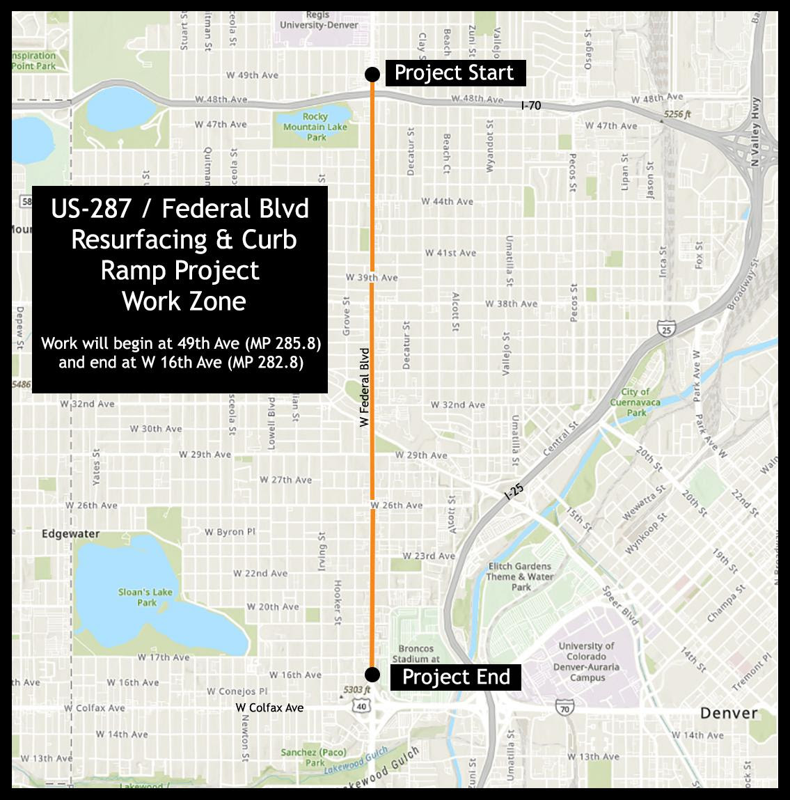 US 287/Federal Boulevard Resurfacing and Curb Ramp Project project map detail image