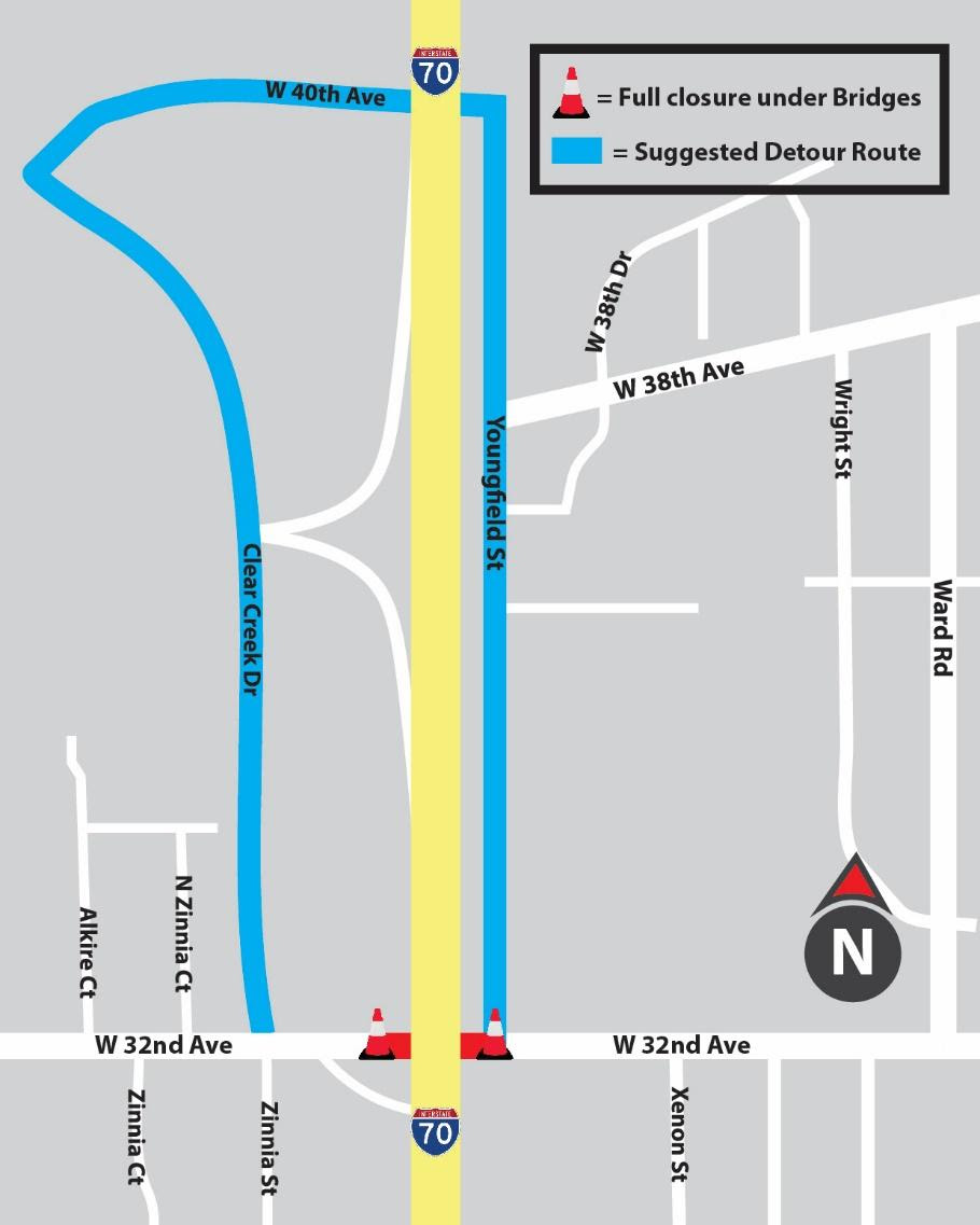 32nd full closure at I-70 detour map detail image