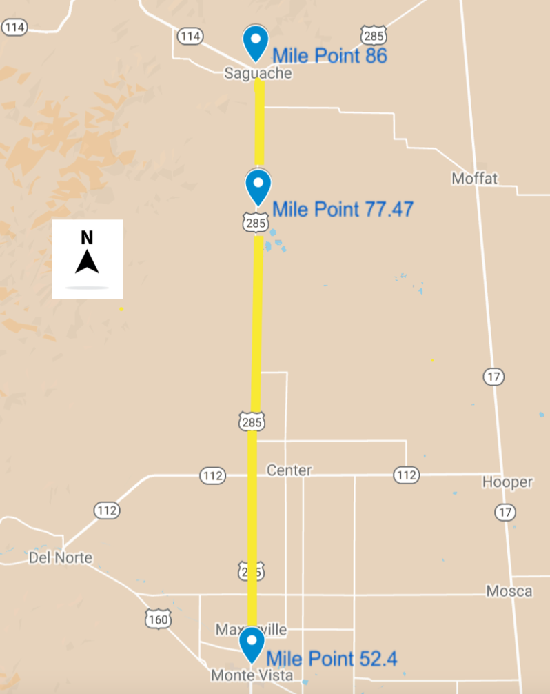 US 285 Monte Vista to Saguache map detail image