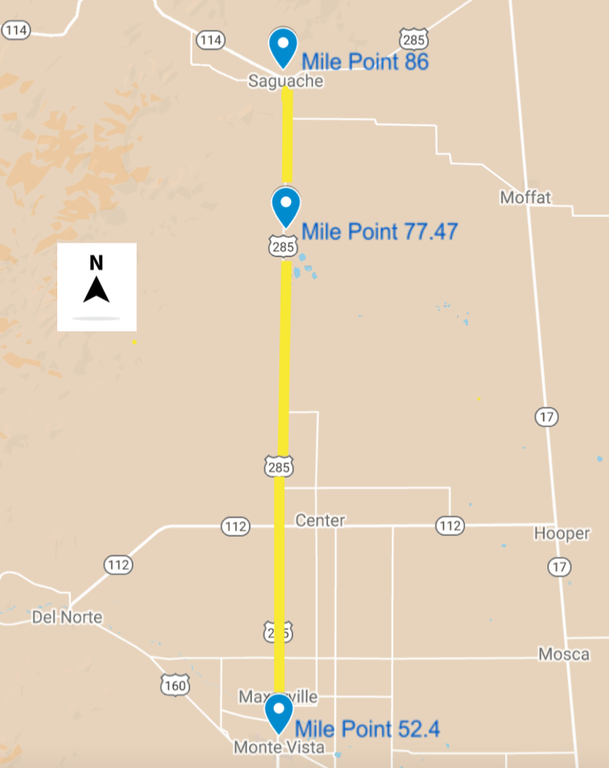 US 285 Resurfacing project from Monte Vista to Saguache project map