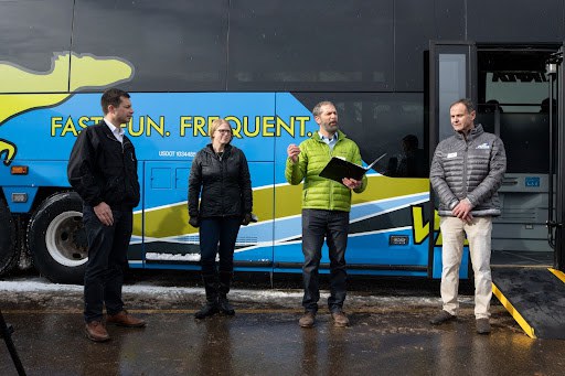 Image of Transportation Secretary Pete Buttigieg, Glenwood Springs Mayor Jonathan Godes, CDOT Executive Director Shoshana Lew and RFTA CEO Dan Blankenship