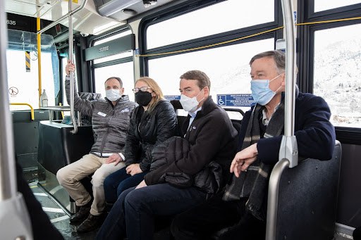 RFTA CEO Dan Blankenship, CDOT Executive Director Shoshana Lew, Sen. Michael Bennet and Sen. John Hickenlooper took a ride on one of RFTA’s new electric buses