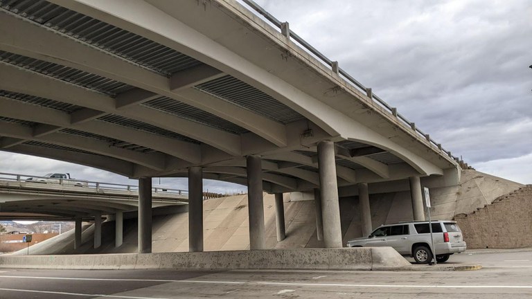 Aerial and ground-level views of the bridges at I-70 over 32nd Avenue in Wheat Ridge. The open space seen between the westbound and eastbound bridges will be filled in to create wider shoulders for safety. 