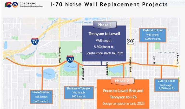 I-70 Noise Wall project in the Denver area - Project location map