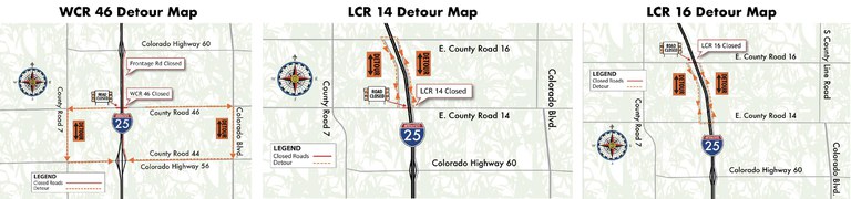 upcoming closures - I-25 North Berthoud to Johnstown three project maps