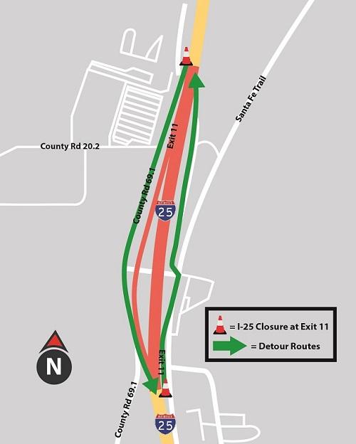 I-25 Exit 11 partial full-day closure map detail image