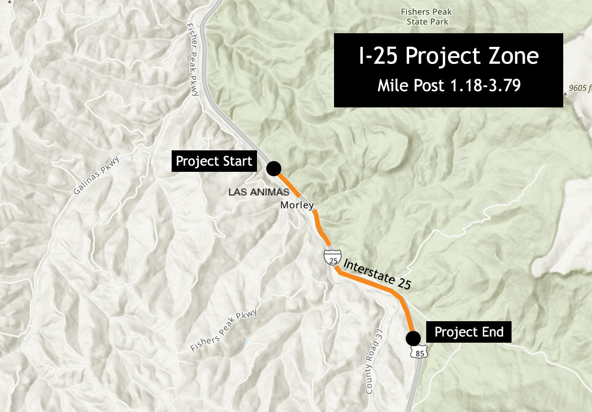 Las Animas County I-25 work zone map detail image