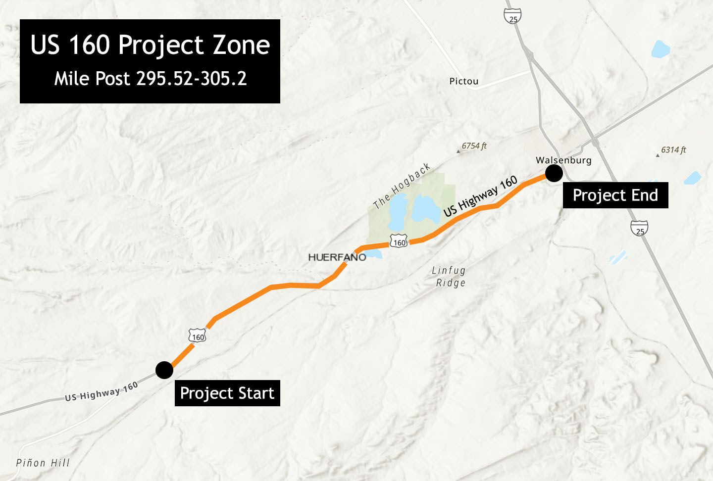 US 160 Huerfano County project zone map detail image