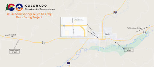 US 40 Sand Springs Gulch to Craig resurfacing project map detail image