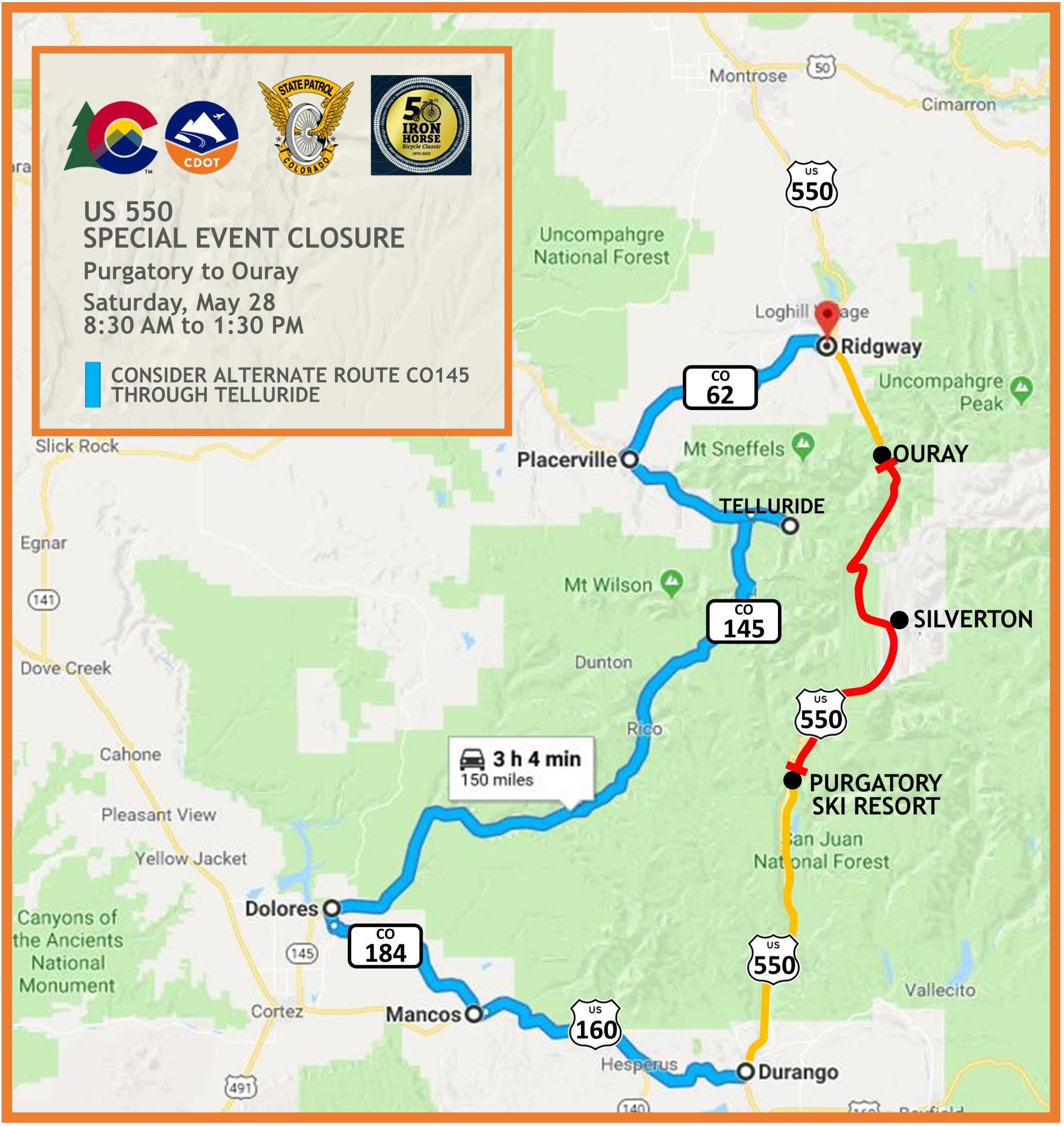 US 550 Iron Horse event closure map detail image